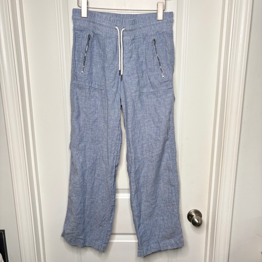 Athleta Cabo Linen Wide Leg Jogger Pants Blue Size 4 Comfortable Nautical EUC